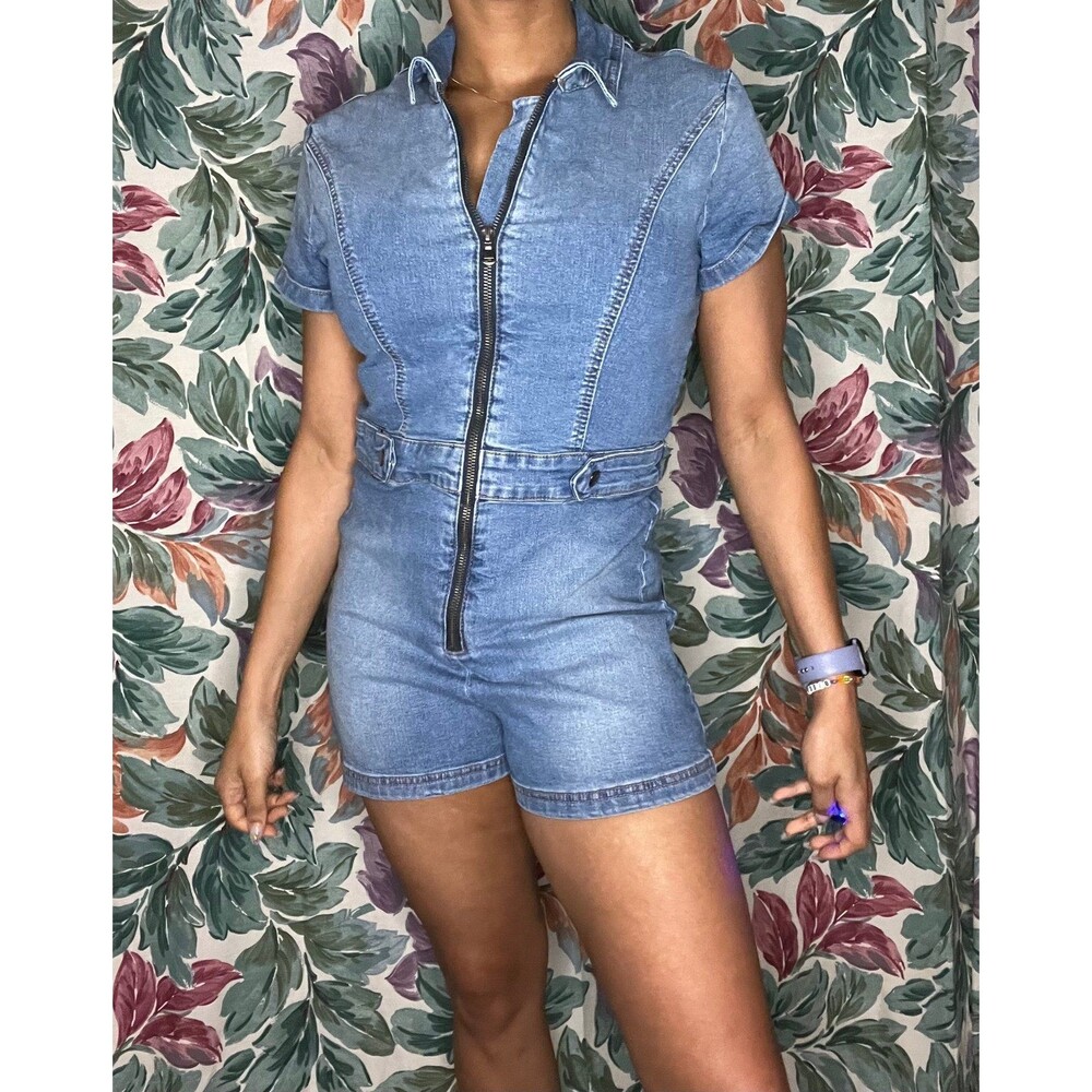 Denim Zip Up Shorts Jumpsuit